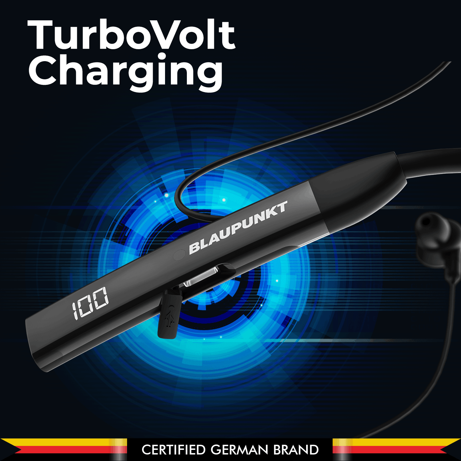 Blaupunkt BE100 BK Wireless Bluetooth Turbo Volt Charging with Magnetic Eartips
