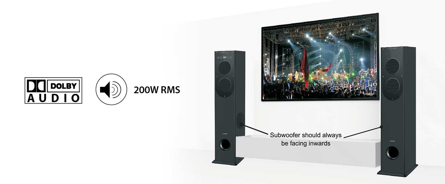 TS100 DOLBY Bluetooth 200W Tower Speakers Black