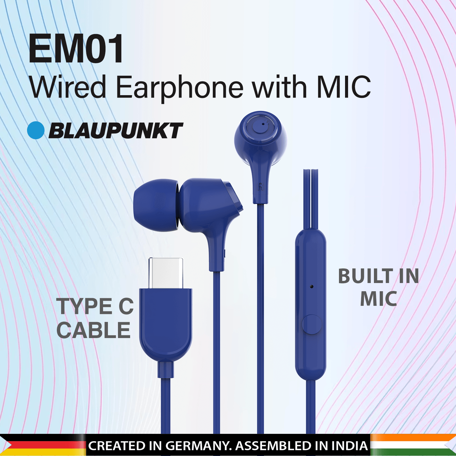 EM-01 Type C Wired Earphone with Noise Cancellation (Blue) - Blaupunkt India