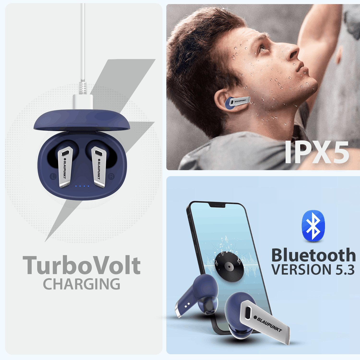 Blaupunkt BTW300 Blue Earbuds |TurboVolt Charging