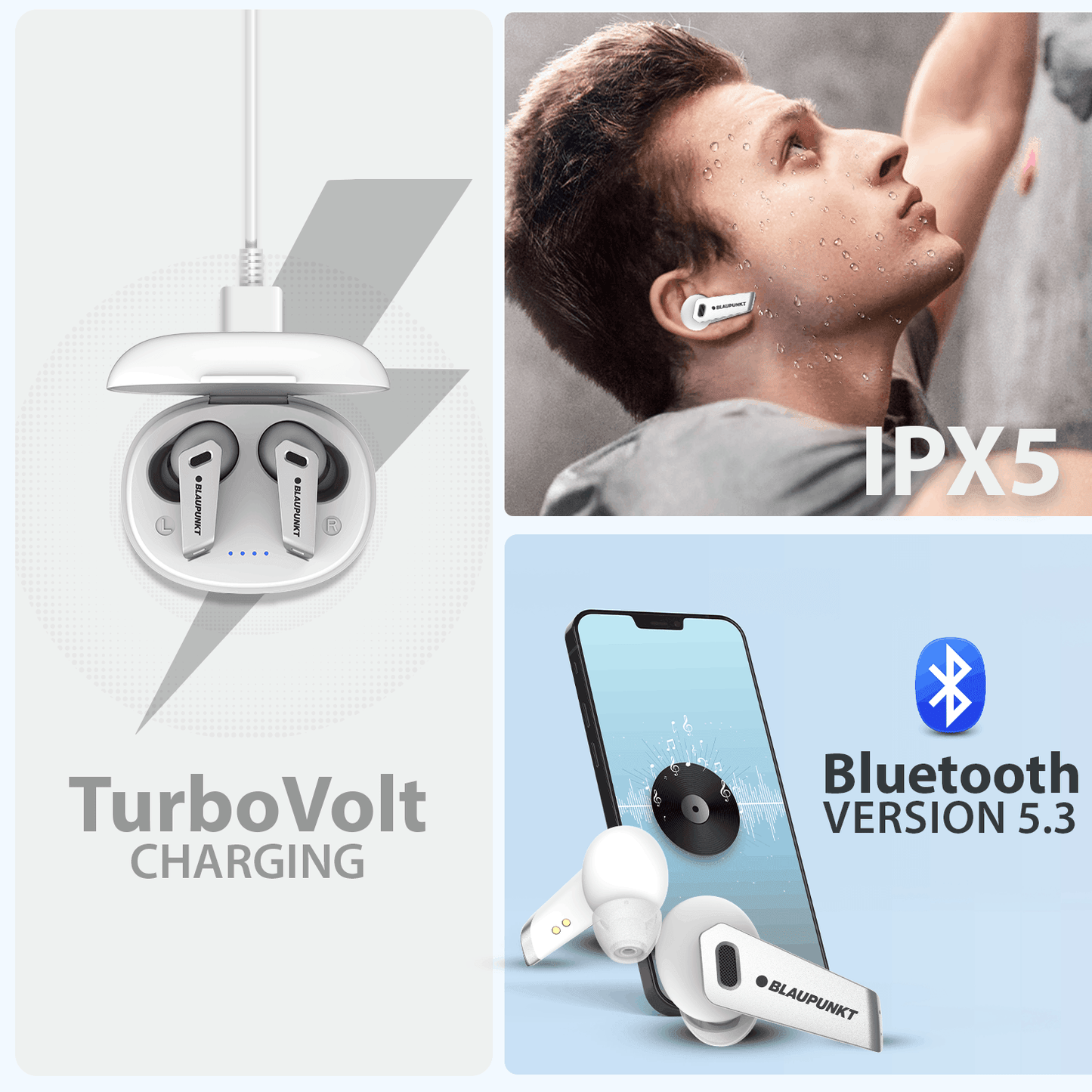 Blaupunkt BTW300 White Earbuds |TurboVolt Charging